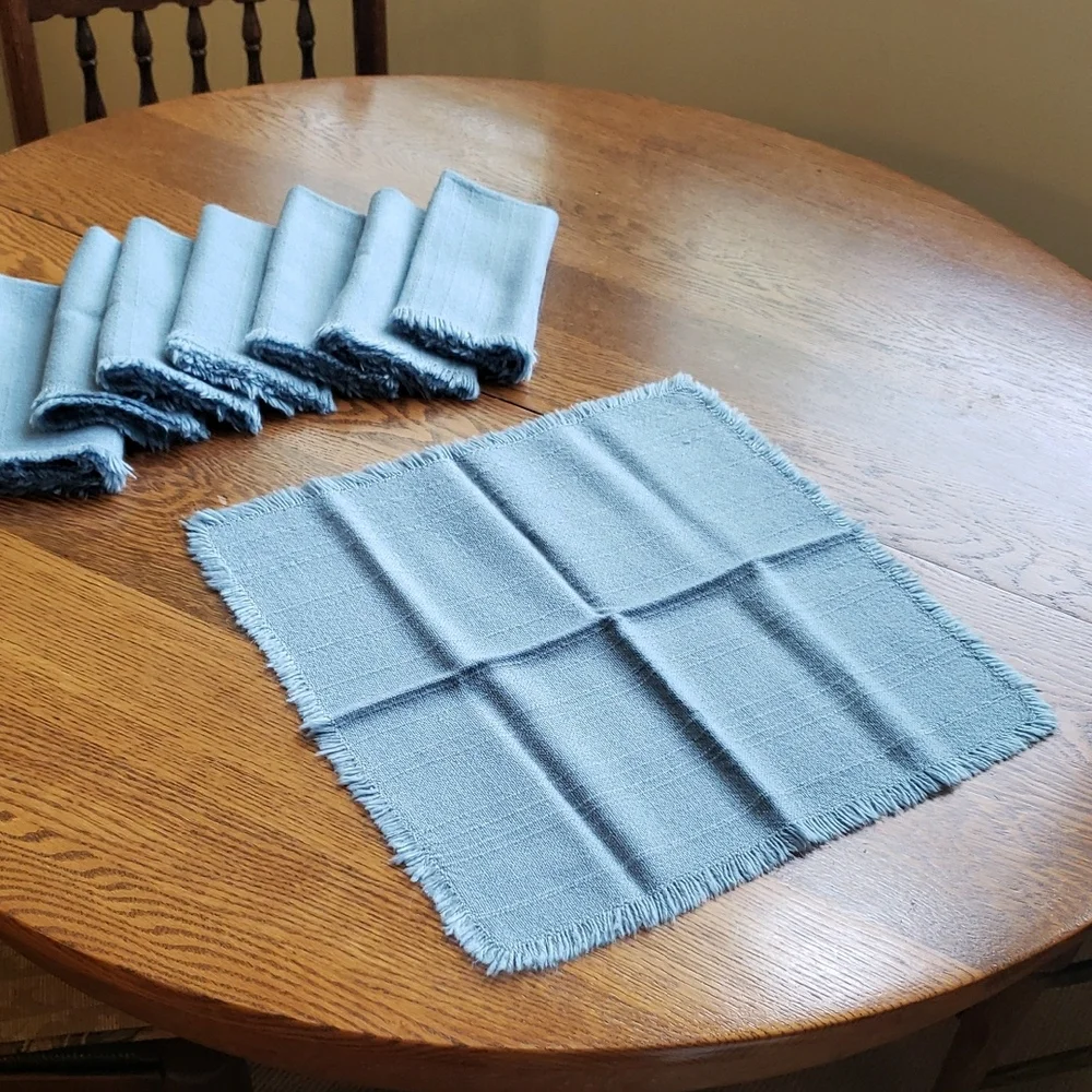 Vtg- Set (8) of Blue Fringed Napkins